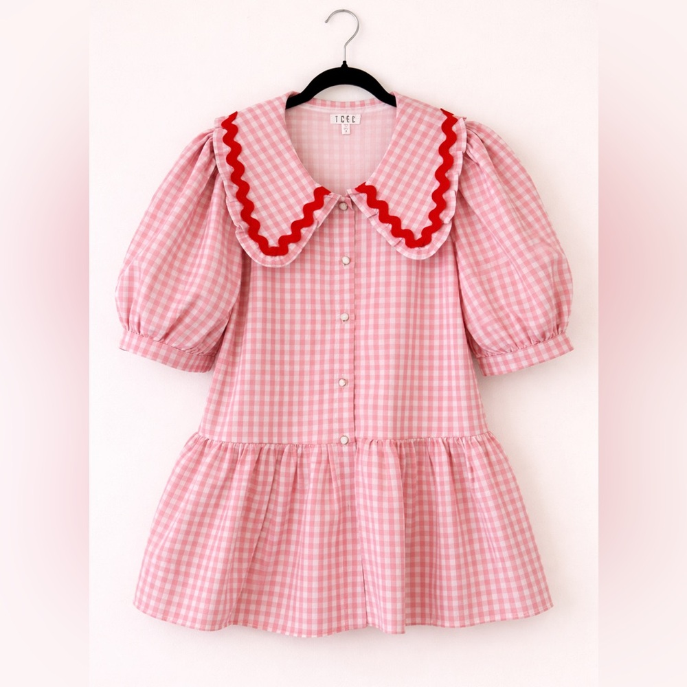 Pink Gingham Puff Sleeve Blouse with Scalloped Rick Rack Collar